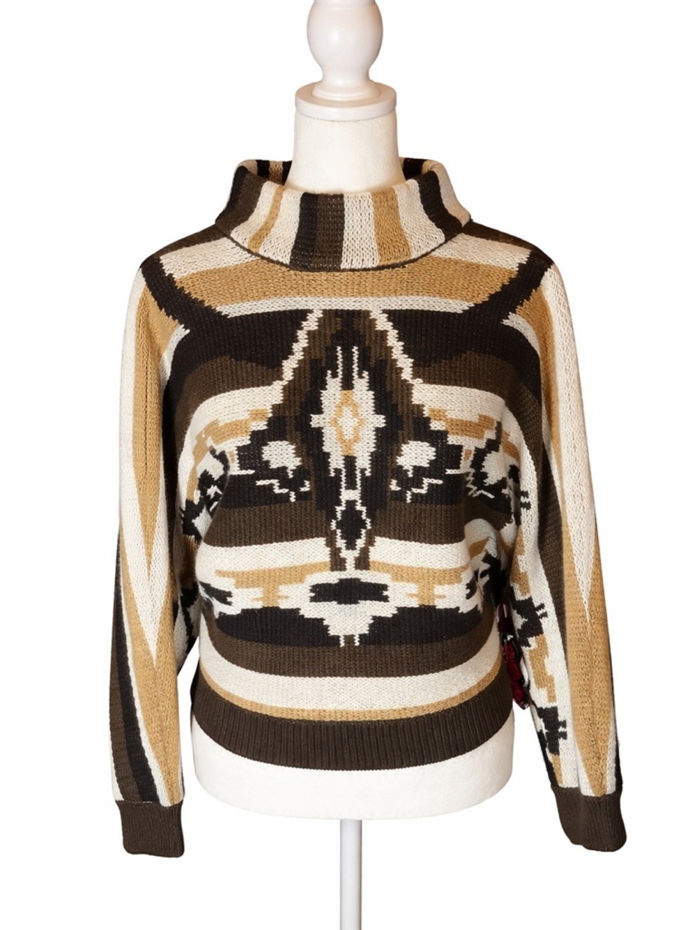Aztec Pattern Turtleneck Sweater in Olive, Cream & Tan